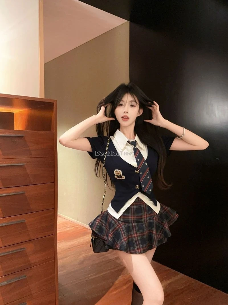 2025 nuove donne estate corea giappone moda jk uniforme camicia a maniche corte, top gonna a quadri set due pezzi sexy dimagrante jk set