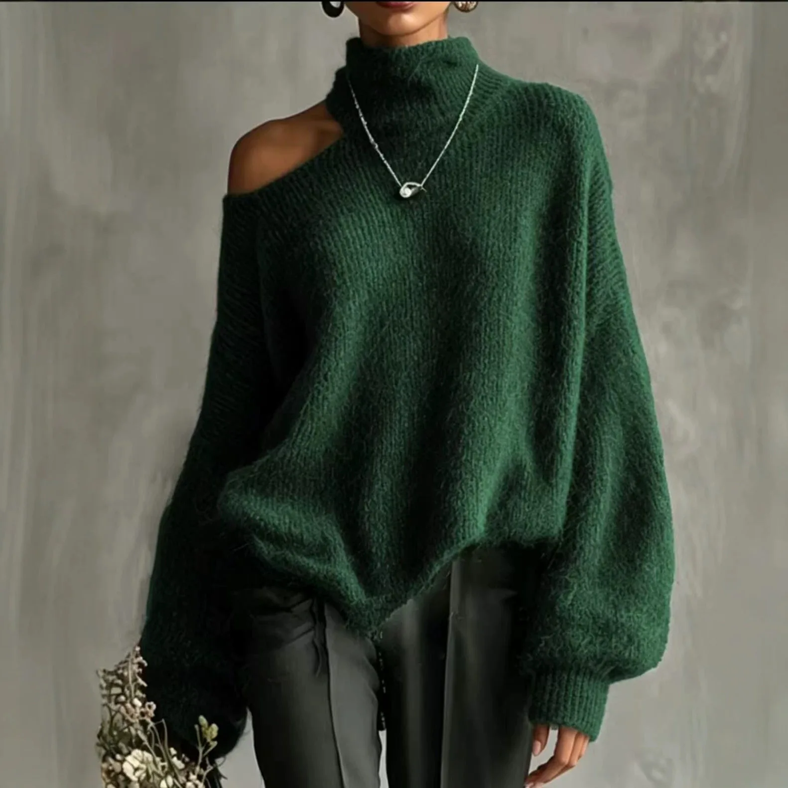 Women Fashion Off Shoulder Sweater High Collar Knitted Pullover Autumn Winter Long Sleeve Loose Knit Tops Woman Casual Jumpers