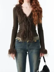 Hairy edge V-neck cardigan autumn and winter new design, pure desire, spicy girl long sleeved top, base shirt for women