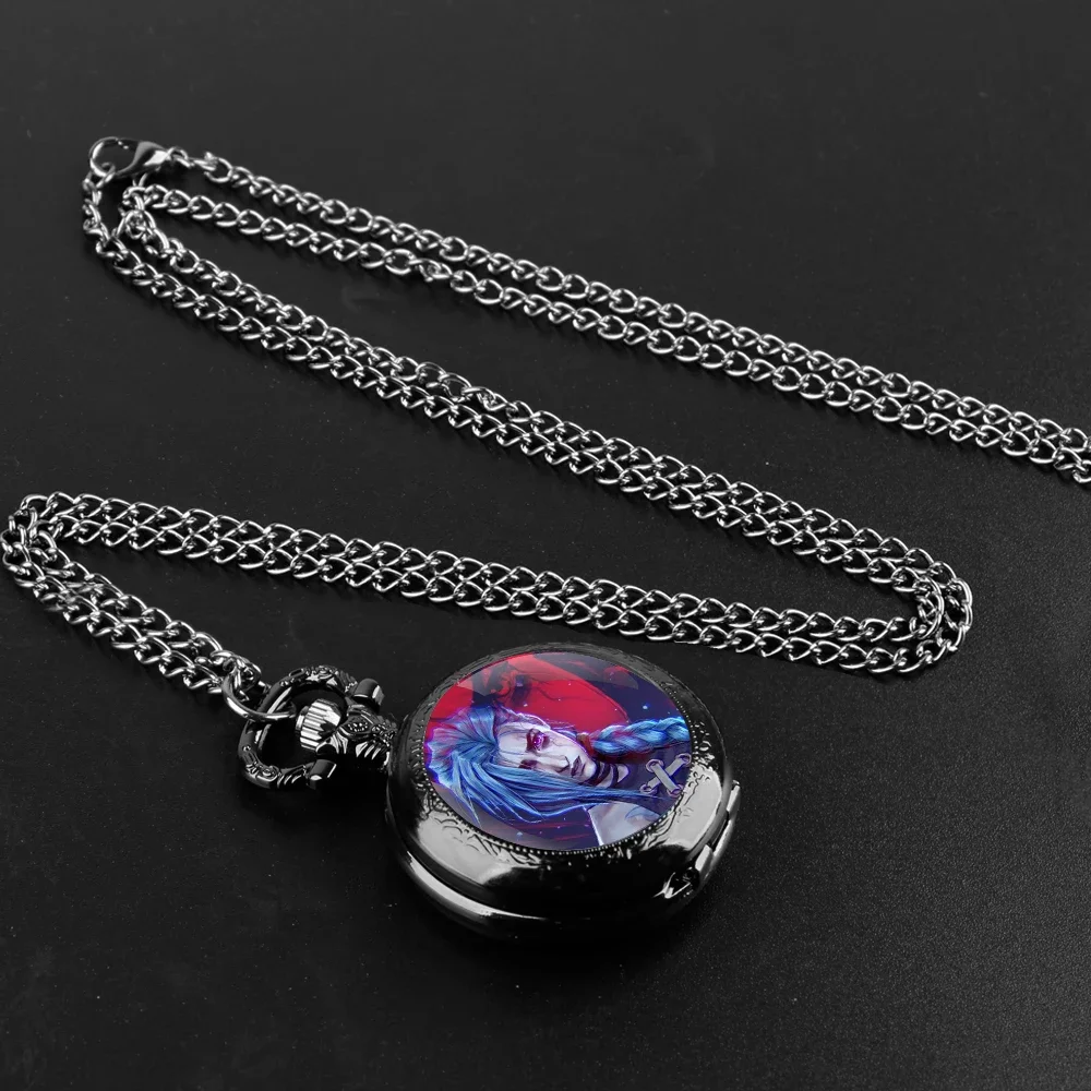 Cool Cartoon Anime Arcane Game Glass Dome Pocket Watch with Chain Necklace Vintage Quartz Pendant Watches Mens Women Gifts