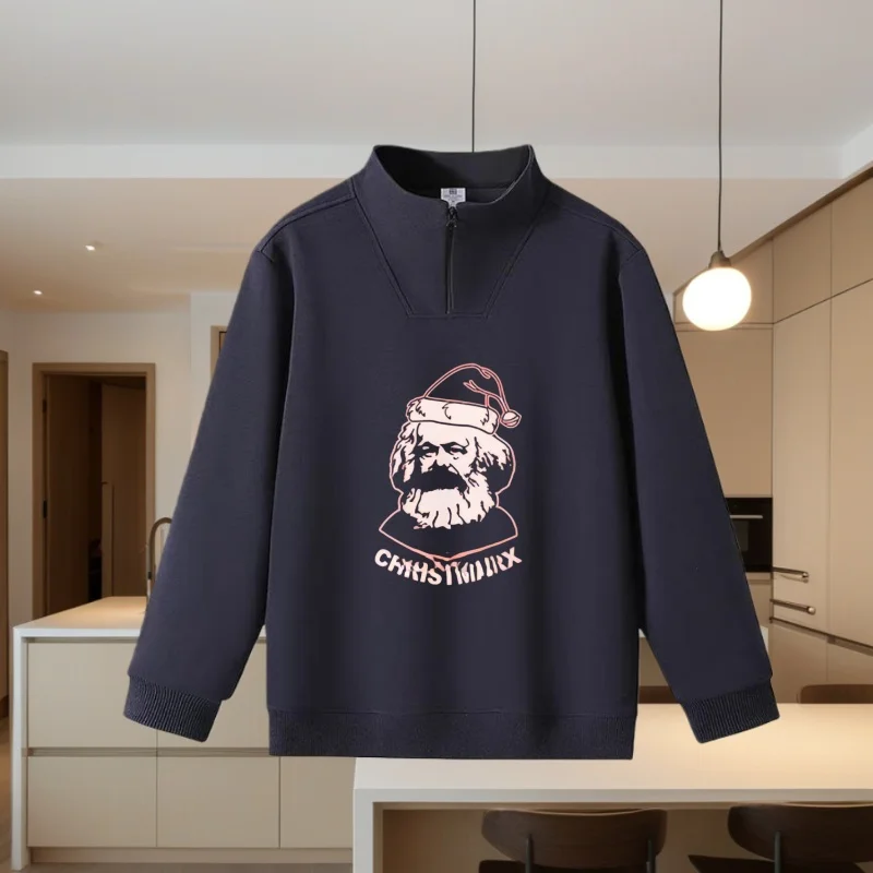 Santa Claus and Reindeer Stand-Collar Long-Sleeve Pure Cotton Sweatshirt Top, Loose-Fitting, Stylish