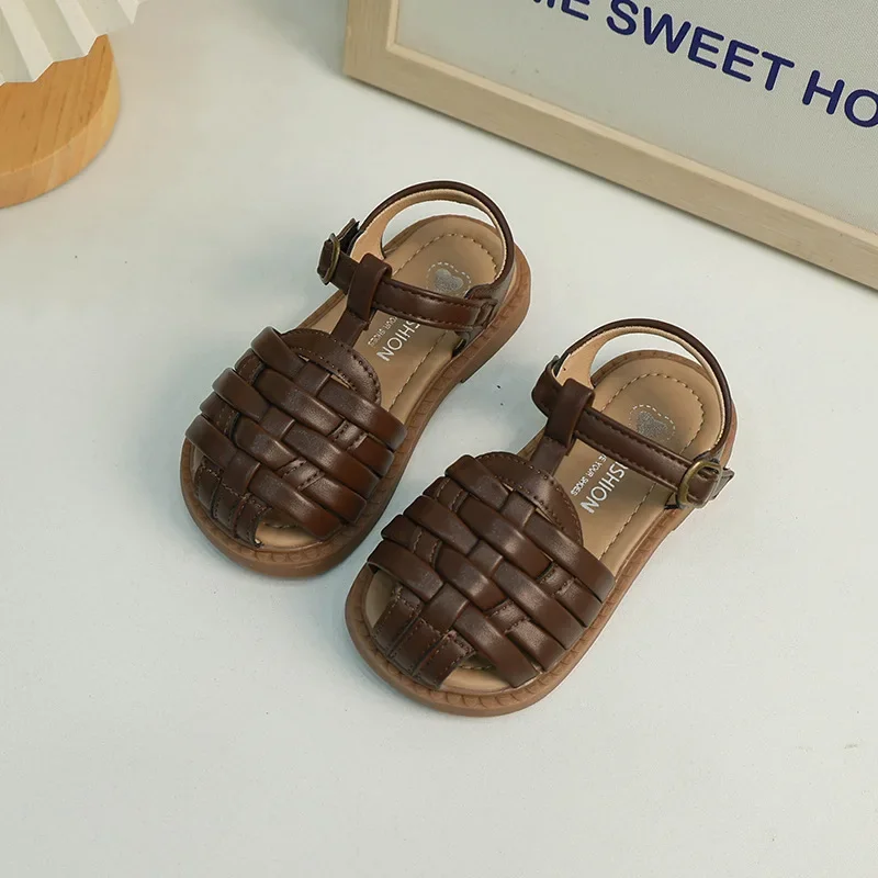 

2024 Toddlers Boys Sandals Summer Solid Color Sandals for Kids Girls Fashion Toes-covered Children's Woven Flat Sandals Cut-outs