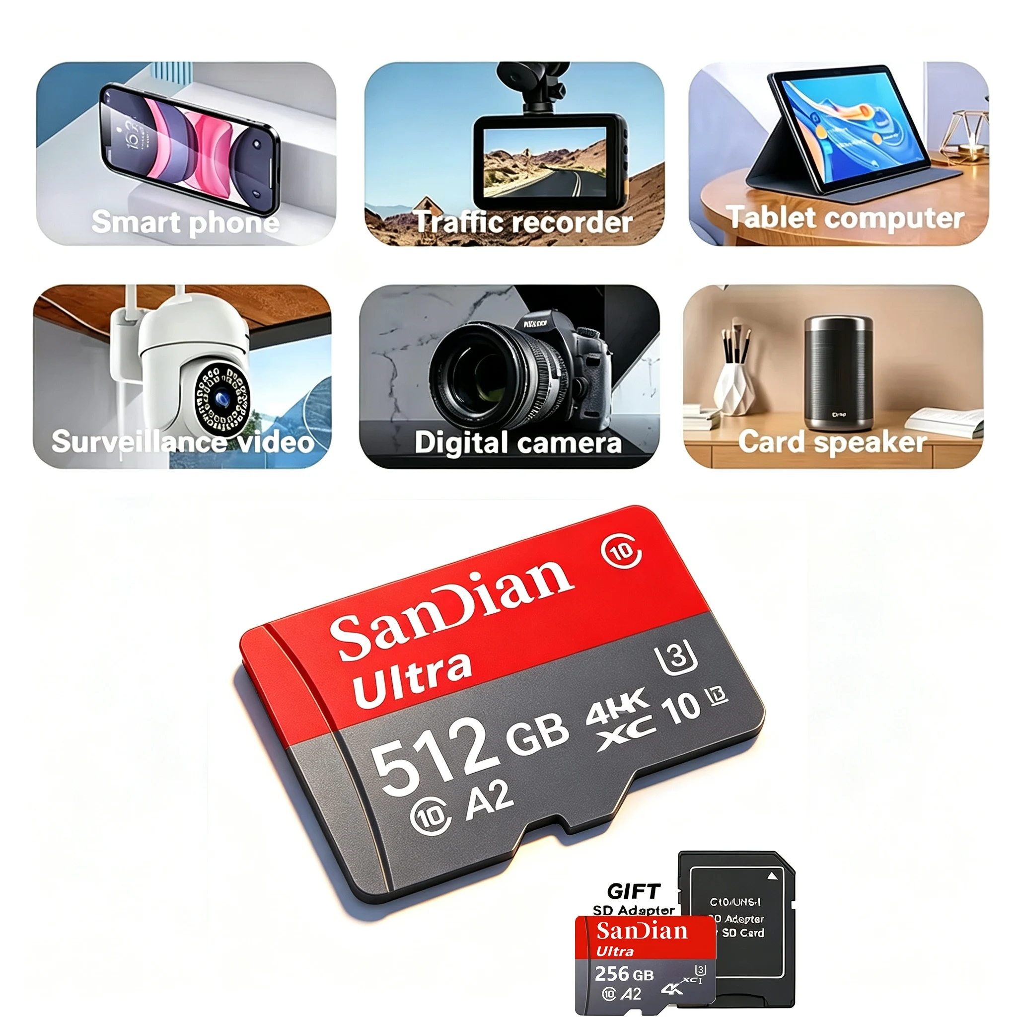 Premium TF Cards 512GB 256GB 128GB Micro TF SD Card SD Cards Memory Card V10 A2 X-Ray Proof for Phone/Laptop/Tablet