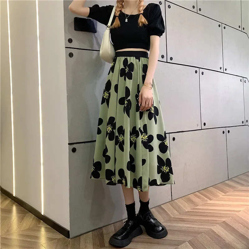 2025 Summer Women's High Waist Slimming Green Flower Skirt A-Line skirt