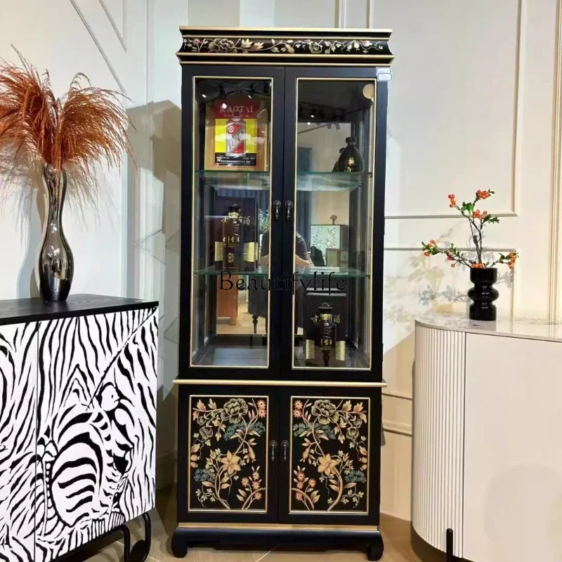 

pgAmerican retro wine cabinet Chinese painted handmade glass display decorative cabinet