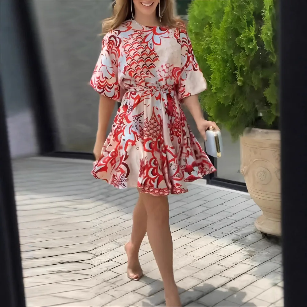 Femmes moulante taille haute mode d'été imprimé abstrait manches bouffantes Mini robe taille décontractée une ligne robe évasée