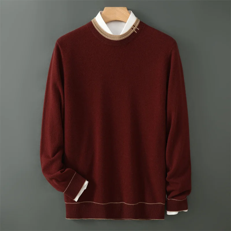 24 Pure Wool Sweater Men's Round Neck Autumn Winter New Item Thickened Color Blocked Fake Two-Piece Pullover Casual Knitted Base