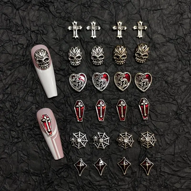 10pcs Vintage Silver Gold Skull Spider Cross Heart Nail Charms Art Decorations DIY Accessories