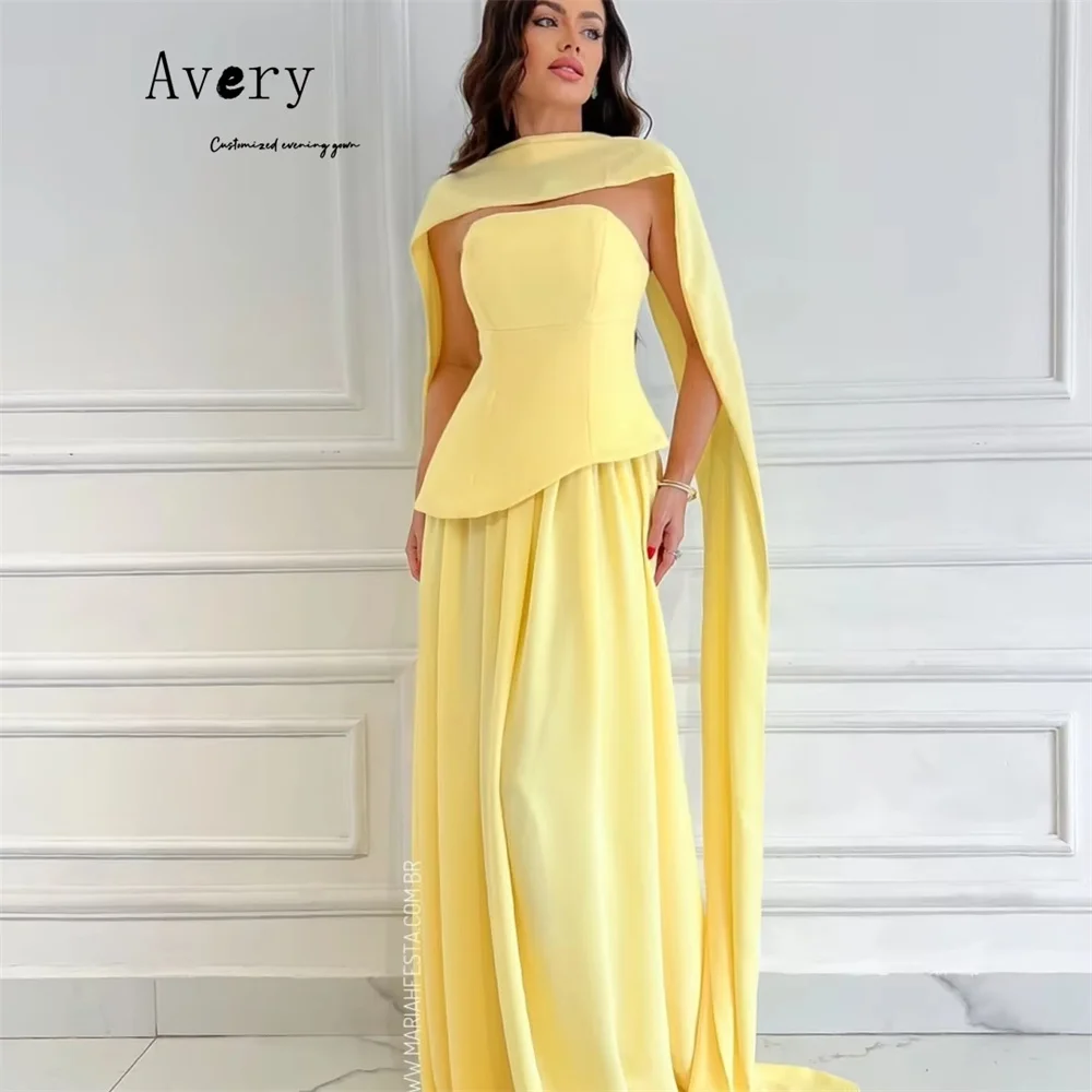 Avery personalizado amarillo sin mangas fuera del hombro una línea vestido de fiesta de las mujeres vestidos elegante vestido de noche de boda de lujo 2025 lujoso