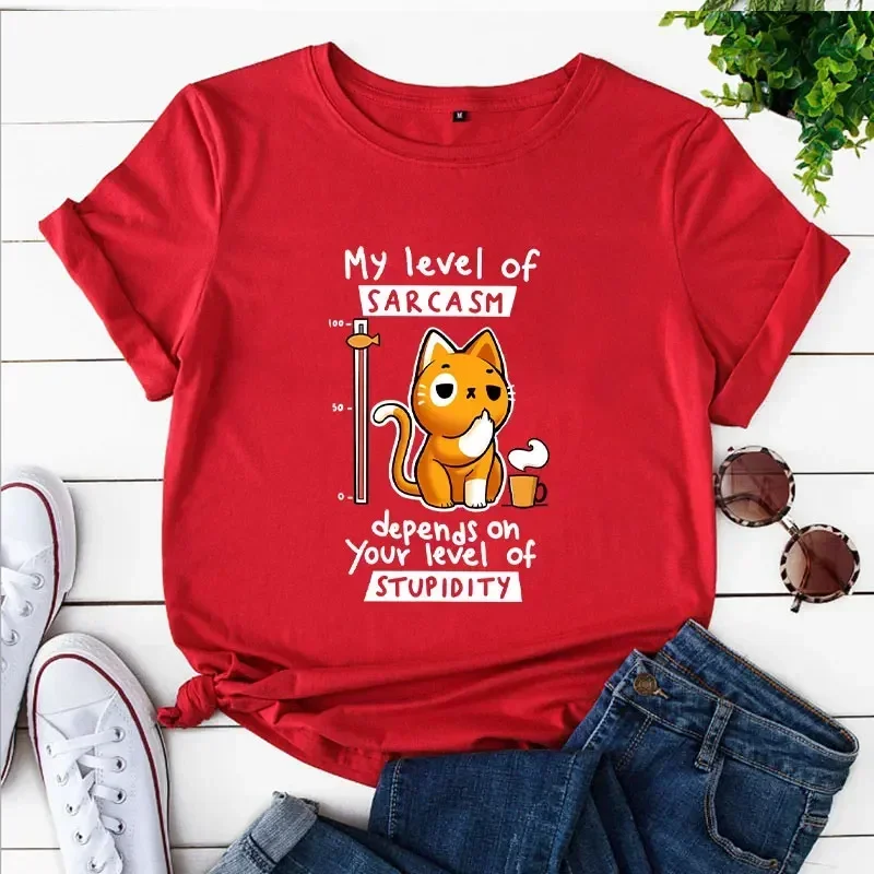 New Funny Sarcasm Cat Print T Shirt My Level of Sarcasm Depends on Your Level of Stupidity Tee Tops Women Tshirt Fashion T-Shirt