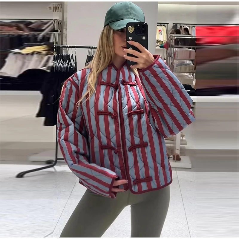  Casual Stripe Padded Coats Women's Stand Collar Long Sleeve Loose Warm Frog Buttons Quilted Jackets 2026 New Lady Outerwear