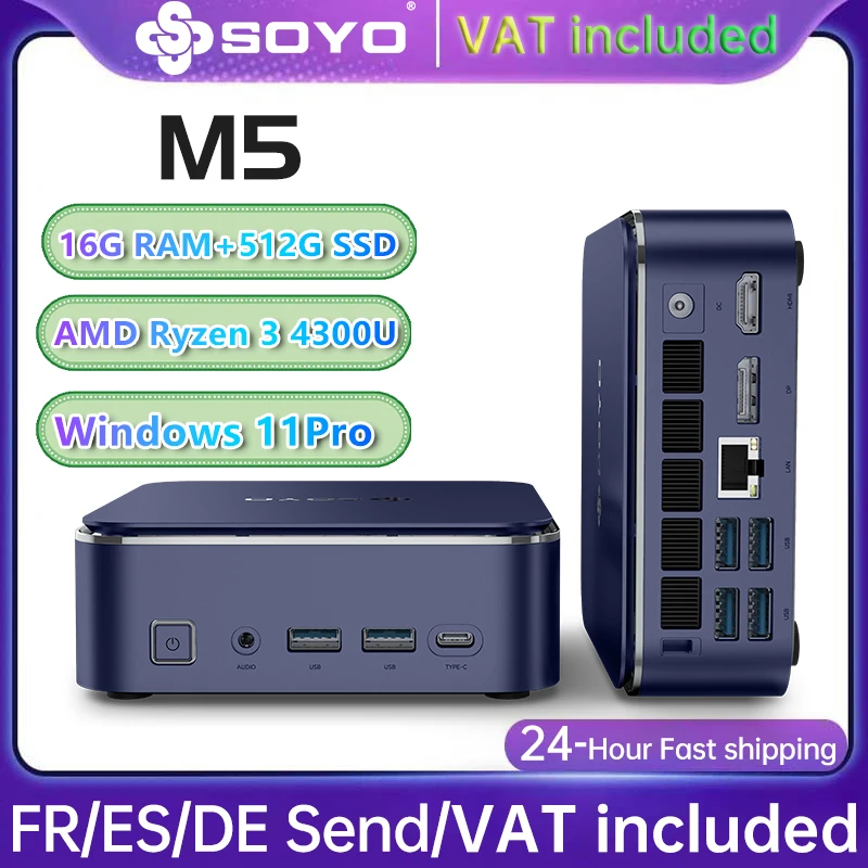 Mini PC SOYO M5 Mini AMD Ryzen 3 4300U LPDDR4 16 Go de RAM 512 Go de ROM Wifi 5 BT5.0 Windows 11 Pro Ordinateur de bureau