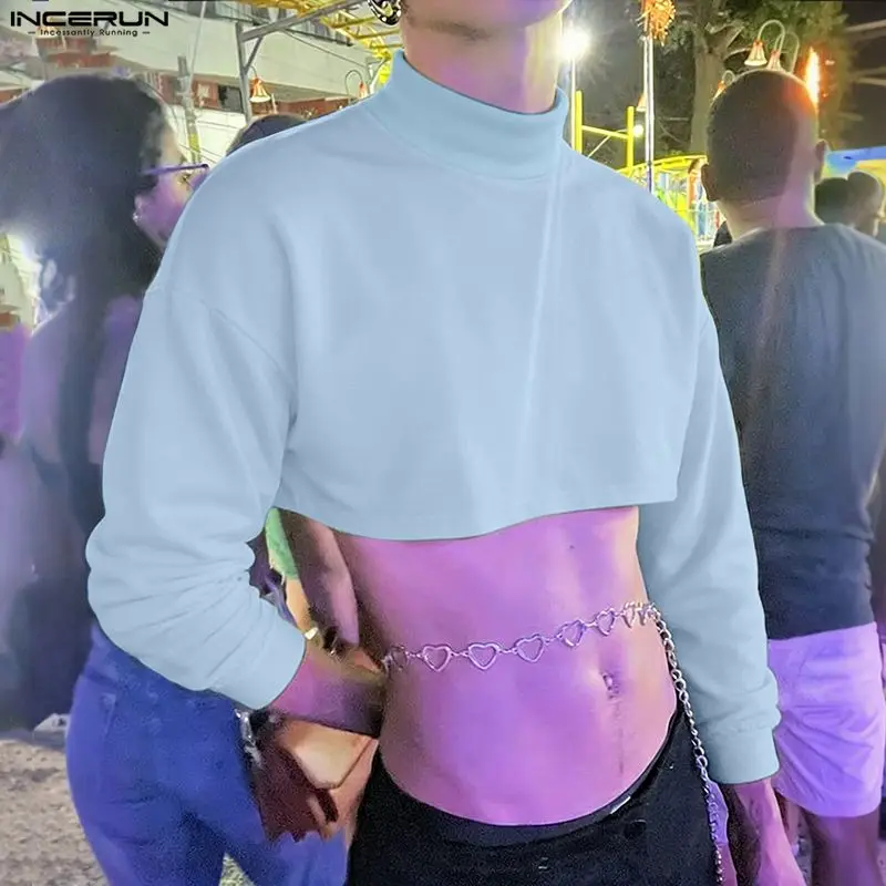 INCERUN Herren Hoodies Rollkragen Langarm Einfarbige Crop Tops Herren Streetwear Loose 2026 Koreanischer Stil Sexy Mode Herren Sweatshirts