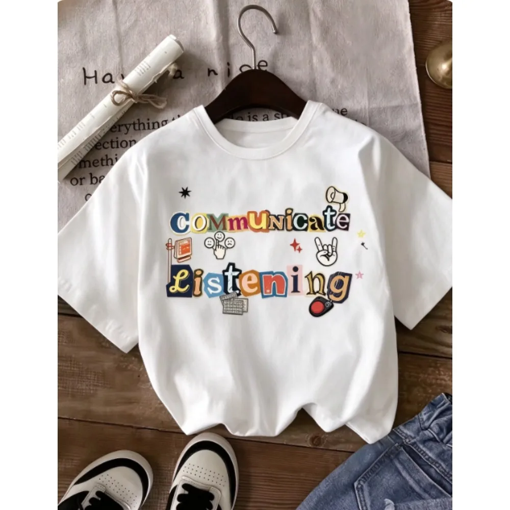 Women Crew Neck Short Sleeve Cotton T Shirt Color Cutout Letter Communicate Listening Graphic Print Casual Aesthetic Summer