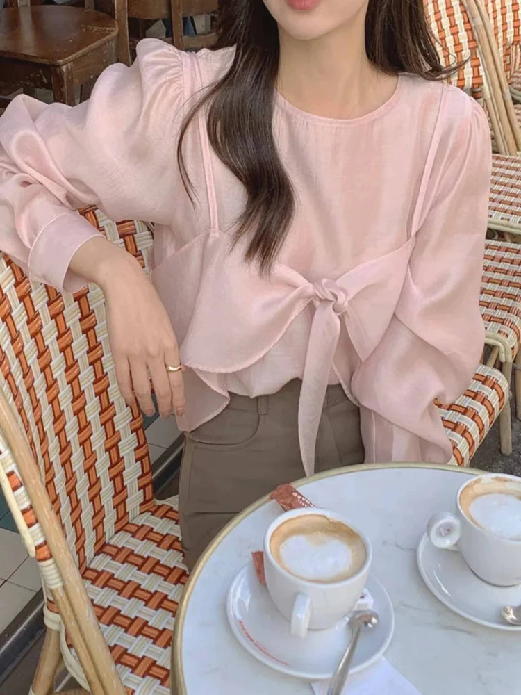 

Милая блузка и брюки со светящимся узлом, комплект Fairy T, ранняя осень Faion, женский шикарный длинный свеч, круглый Ne