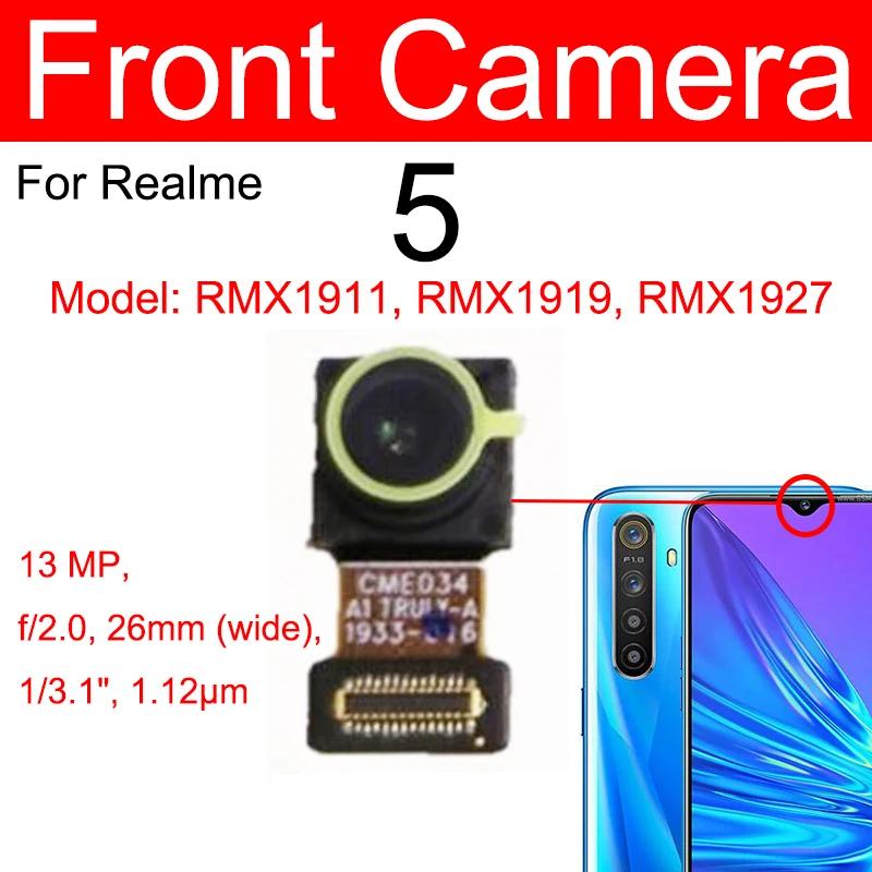 For Realme 5 5i 5S 5 Pro Front Back Camera Front Selfie Facing Rear Main Camera Module Flex Cable Replacement Parts