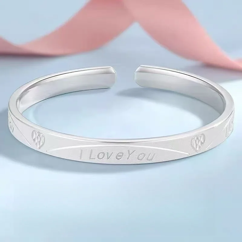 Romantic Love Theme 999 Silver Bracelet I Love You Engraved Glossy Open Cuff Bangle Minimalist Lover Jewelry