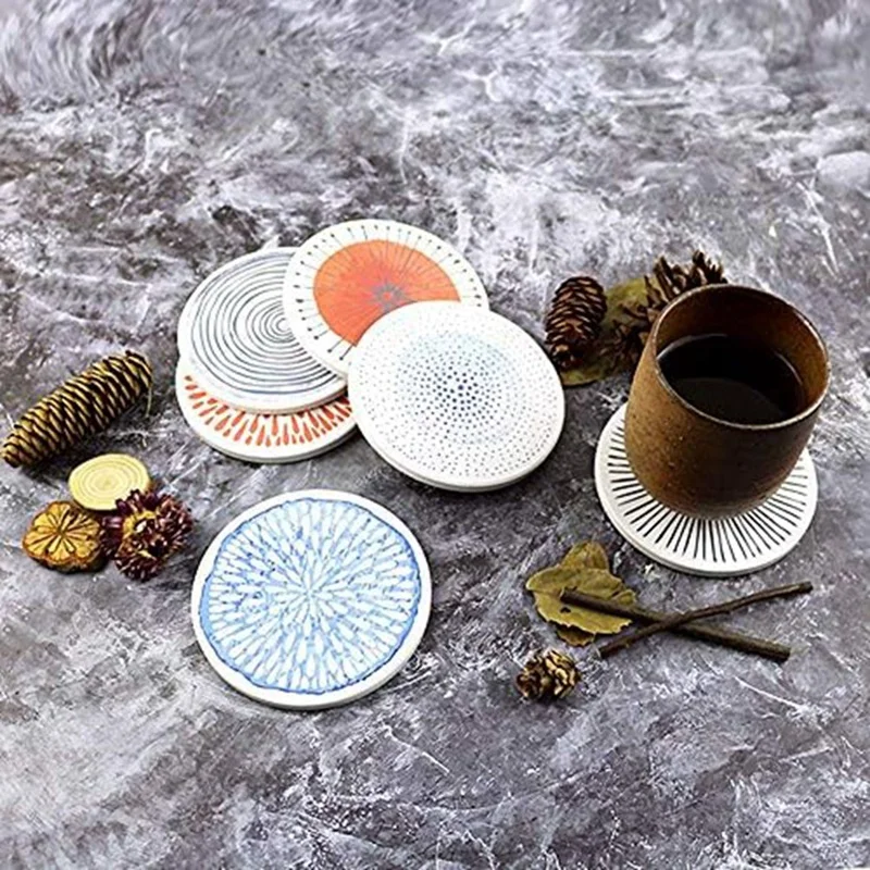 Set Of 6 Coasters For Drinks Absorbing Round Ceramic Stone Coaster With Cork Base Tabletop Protection Mat Durable