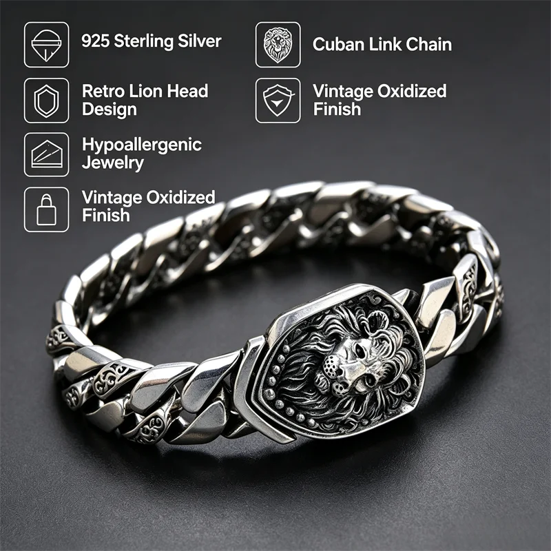 OUYADI Men Women Retro Domineering Lion Head Bracelet 925 Sterling Silver Thick Cuban Chain Vintage Couple Fashion Wrist Jewelry