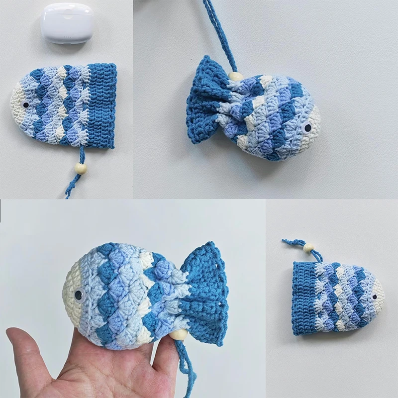 1pc Hook Knitted Rainbow Fat Fish Earphone Case Hand-woven Headphone Case Small Fish Earbud Pouch Bag Hanging Decoration