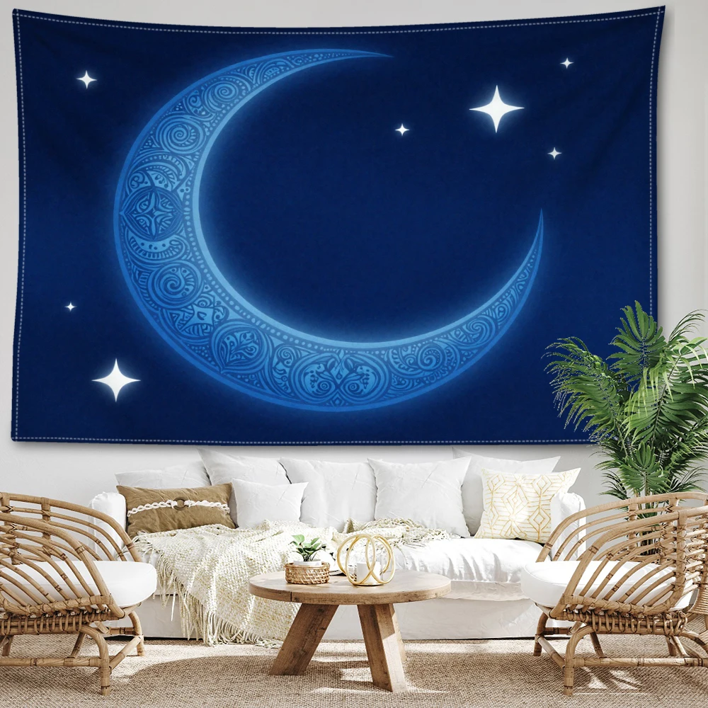 Hidden blue background Crescent Subtle Star Printed Tapestry Wall Hanging Bohemian Style Bedroom Home Decor