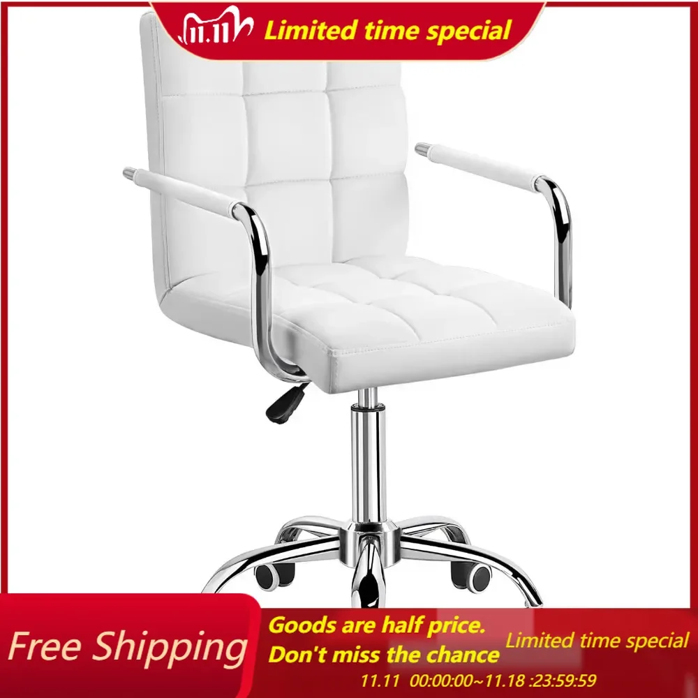 Mid-Back Office Task Chair Ribbed PU Leather Executive Modern Adjustable Home Desk Retro Comfortable Work Chair 360 Degre