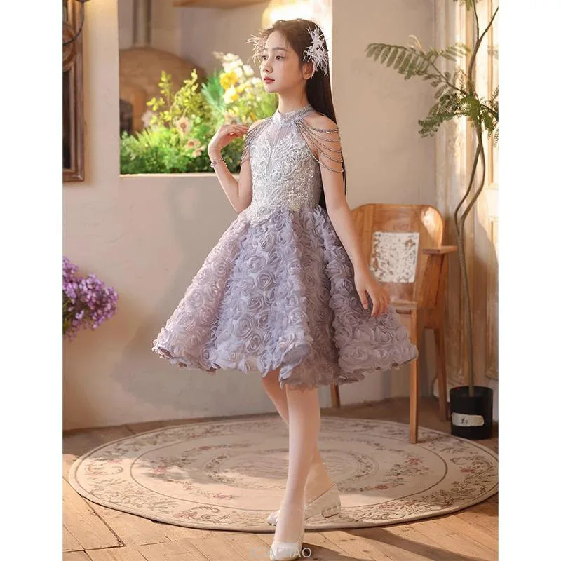 Elegangt Princess Dress Girl Birthday Party Pageant Gown Kids Piano Recital Flower Short Dress Kids Formal Outfit Summer Costume
