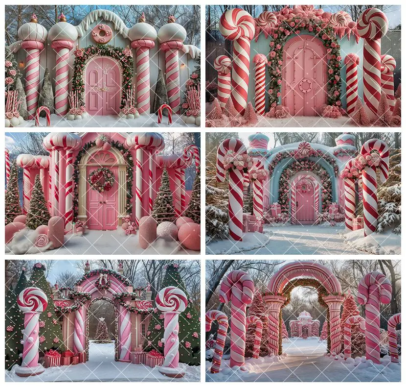 Christmas Pink Candy Cane Arch Door Backdrop Kid Birthday Xmas Wreath Snowy Wonderland Winter Custom Photography Background