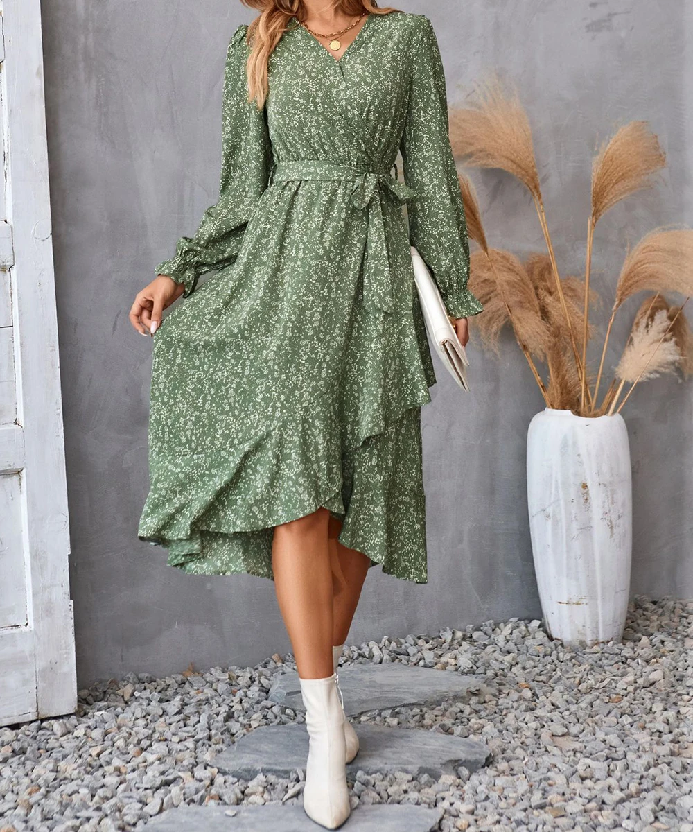 2023 Autumn Spring Printed Dress Elegant Women Sexy V-neck Long Sleeved Dress For Women's Split  Pringting Dresses Women Dresses