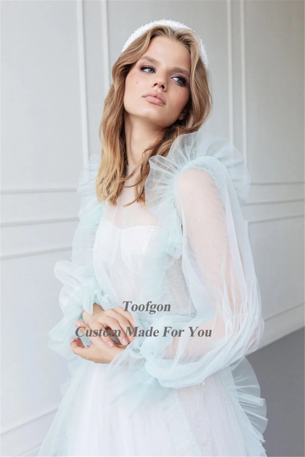 Toofgon-Robes de mariée Boho en tulle brillant pour la mariée, manches longues bouffantes, volants, col rond, patients de mariage, quelle que soit la princesse