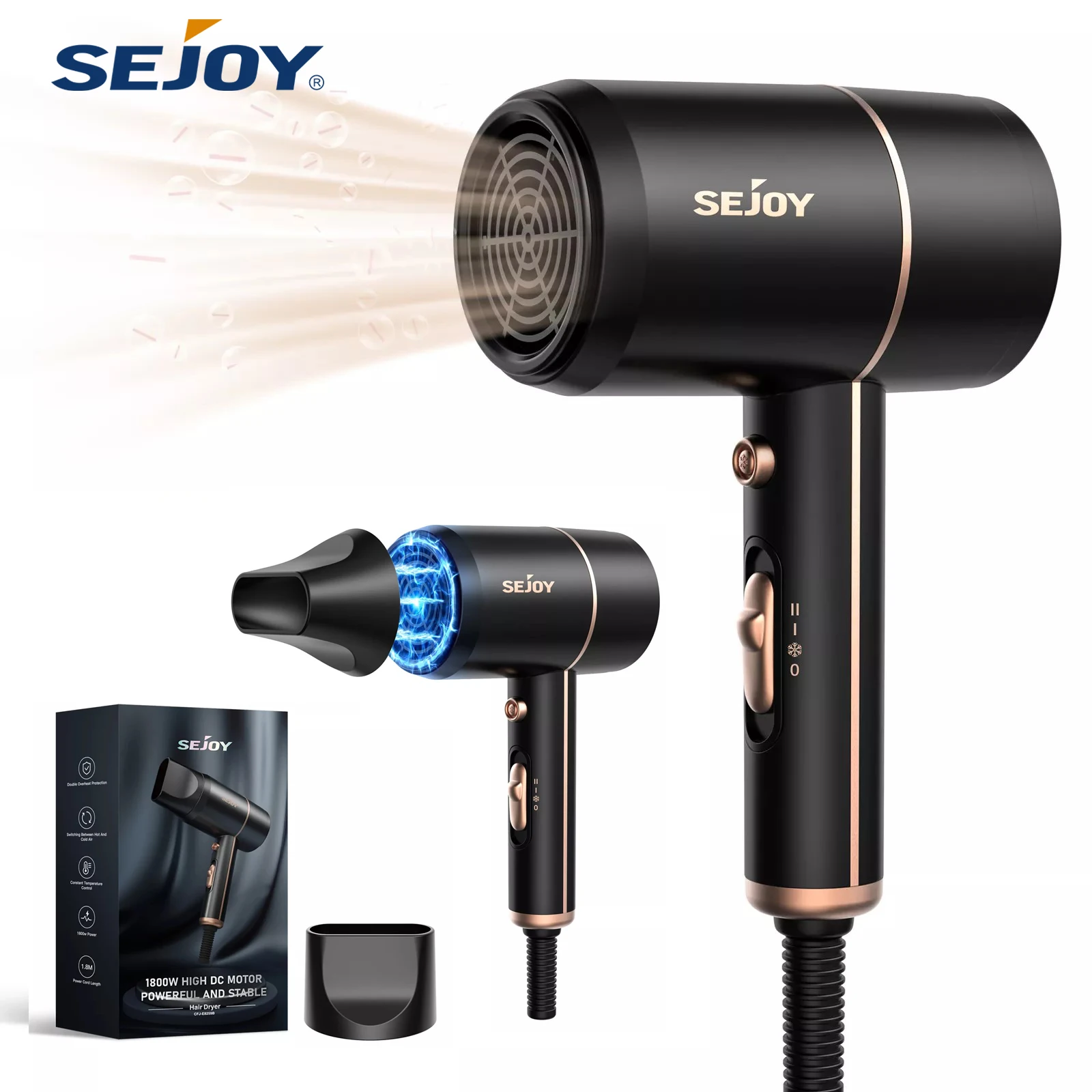 Sejoy เครื่องเป่าผมมืออาชีพ 1800W เครื่องเป่าผม Salon Fast เครื่องทําความร้อน Ionic Blow Dryer พร้อมหัวฉีดเชิงลบ