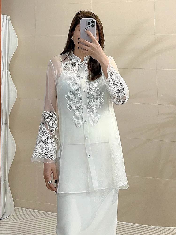 

Шелковая блузка с двойным слоем и ажурной вышивкой Ele от Tang Mi Home, свободного кроя, с длинными рукавами, женская, во французском стиле