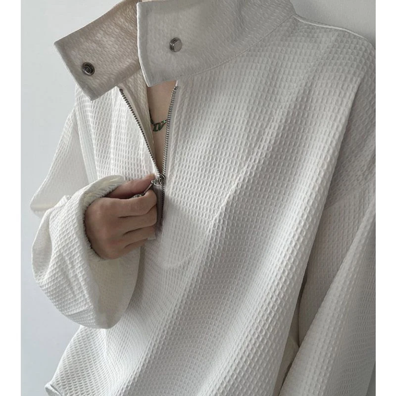 Spring Waffle Plaid Half Zipper Men Long Sleeve Sweatshirt High Street Punk Fashion All-match Oversized T Shirts Top Black White