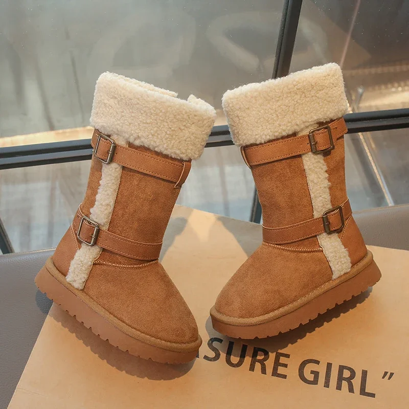 Kids Vintage Buckle Strap Faux Fur Mid-Calf Snow Boots, Children Retro Warm Winter Boots Side Zipper, Fleece Lined Toddler Boots