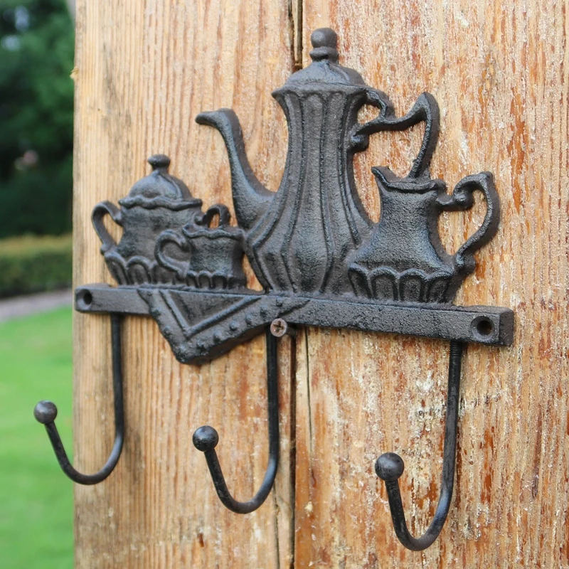 Vintage Tea pot design Cast iron Garden Wall Decor hooks for Clothes Door decor Farm House Accents Antique