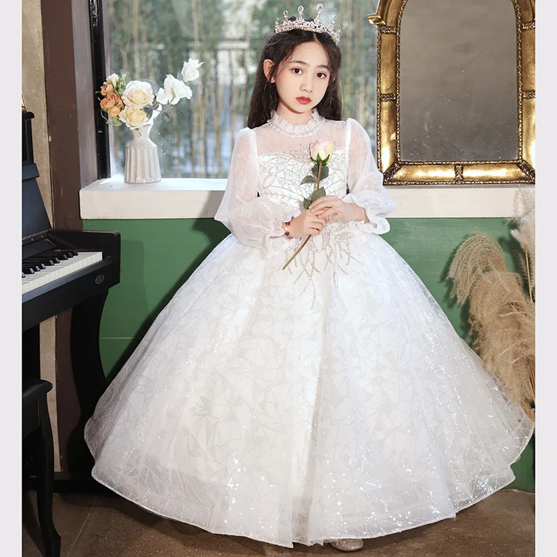 

Flower Girl Wedding Evening Dresses New White Girls Birthday Long Small High Collar Sequined Tutu Performance Gown Customized