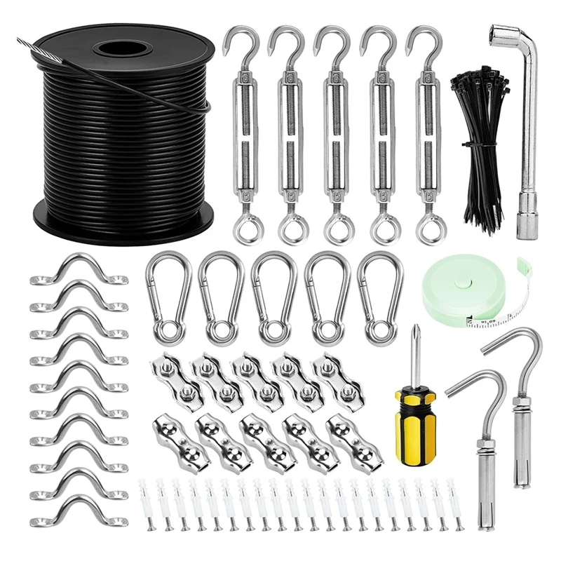 Kit de suspensão de luz de corda, fio de luz ao ar livre, kit de suspensão de corda de luz de bola, cabo de cabo de aço inoxidável 304 revestido de 200 pés