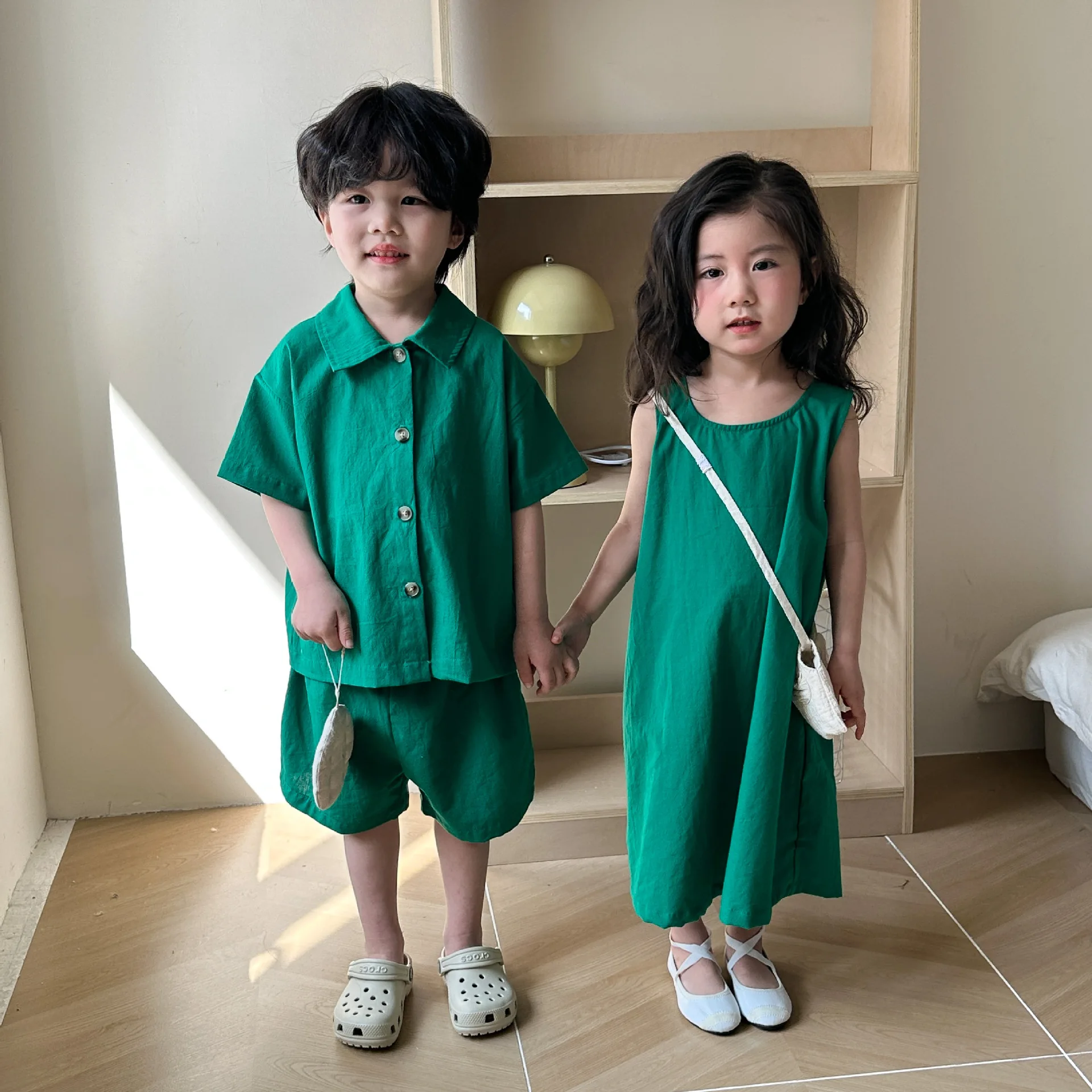 Brother and Sister Matching Green Clothes Children Twins Clothing Baby Boys Shirts Shorts Two Piece Outfits Set Kids Girls Dress