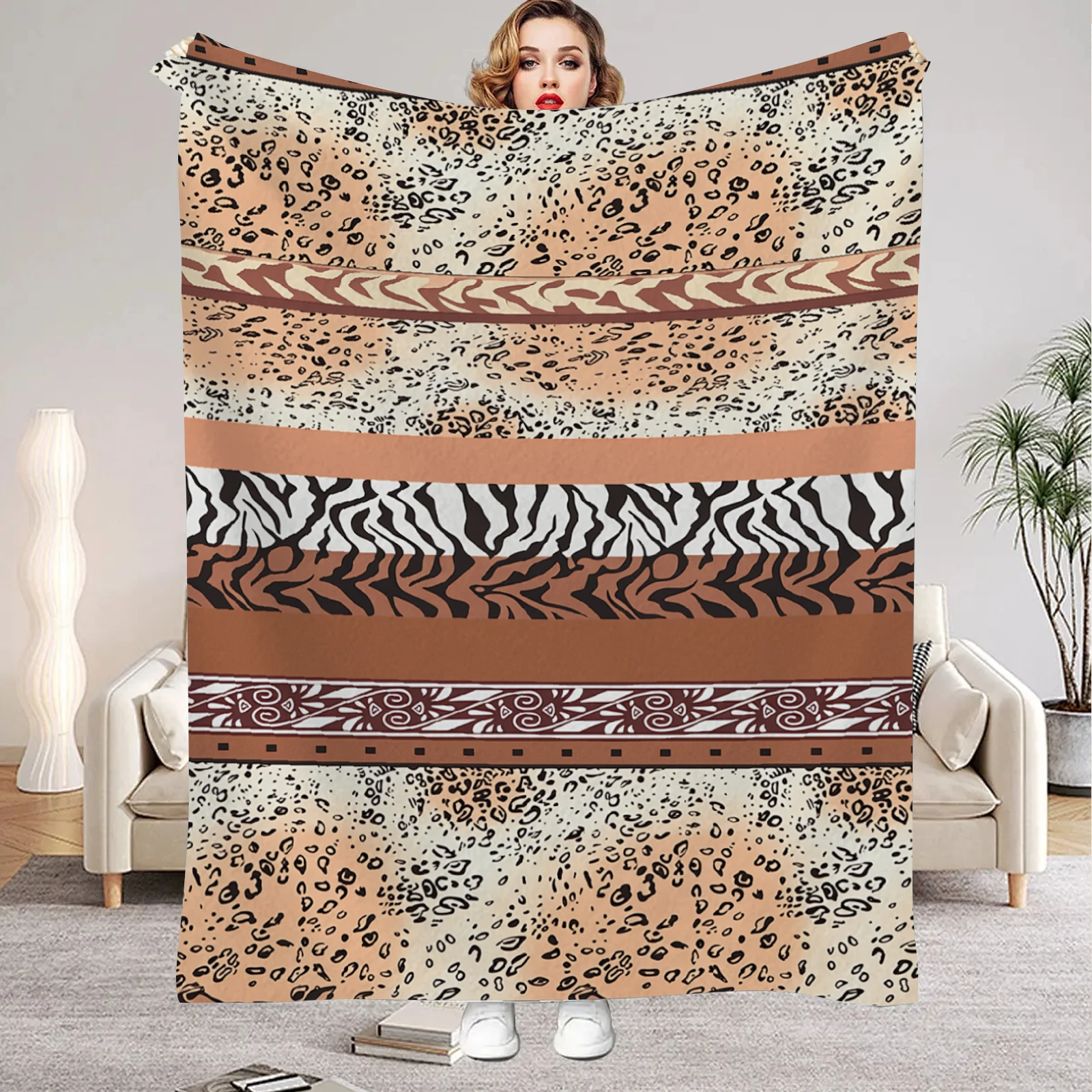 Flannel Throw Blanket Mixed Animal Print Leopard Zebra Striped Patchwork  Soft Warm  Bed Sofa Car Work Home Decor Travel Gift