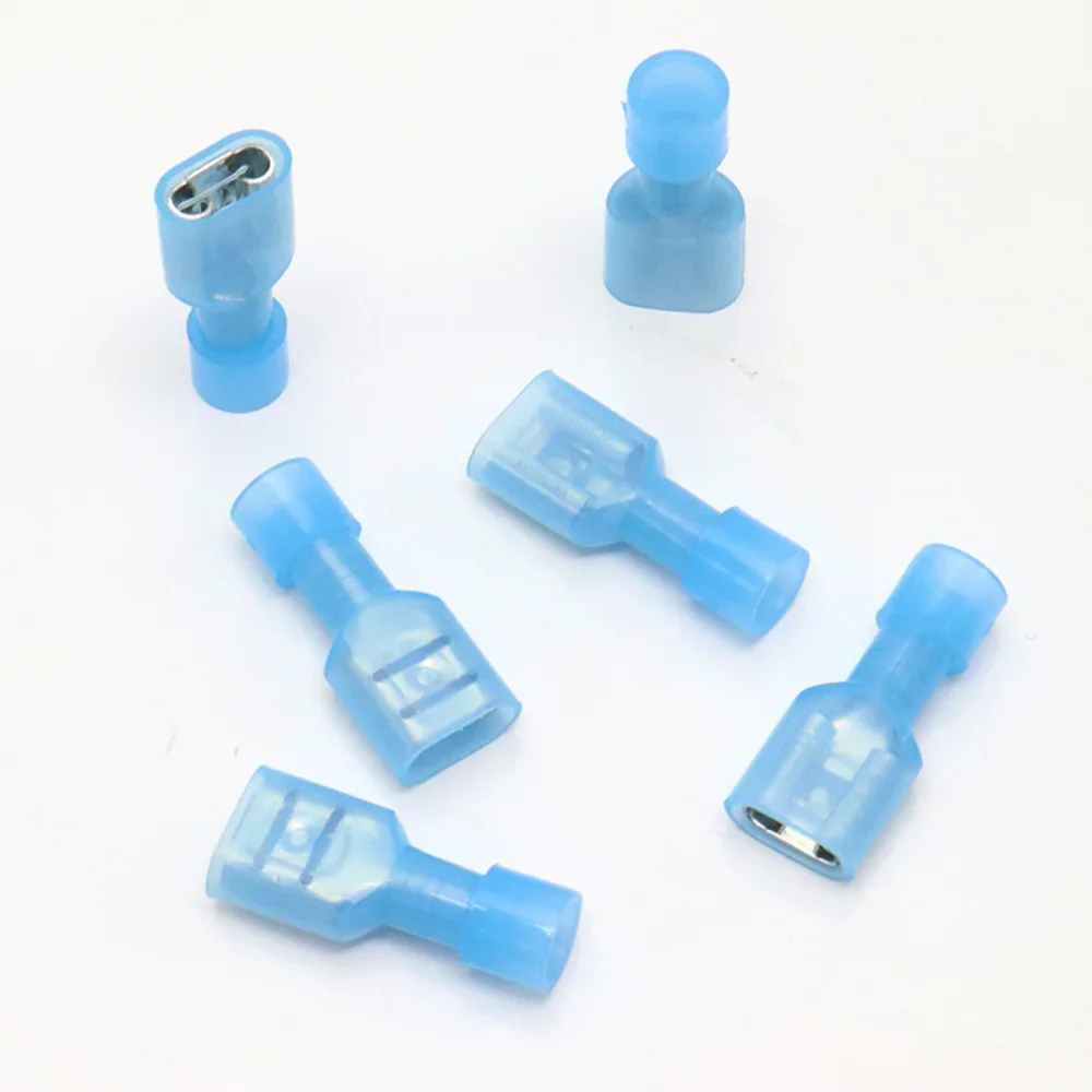 100/10pcs Nylon Female Cable Wire Connector FDFN2.5-250 FDFN2-250 Insulated Brass Spade Terminals Joint Eletrico 16-14AWG Blue