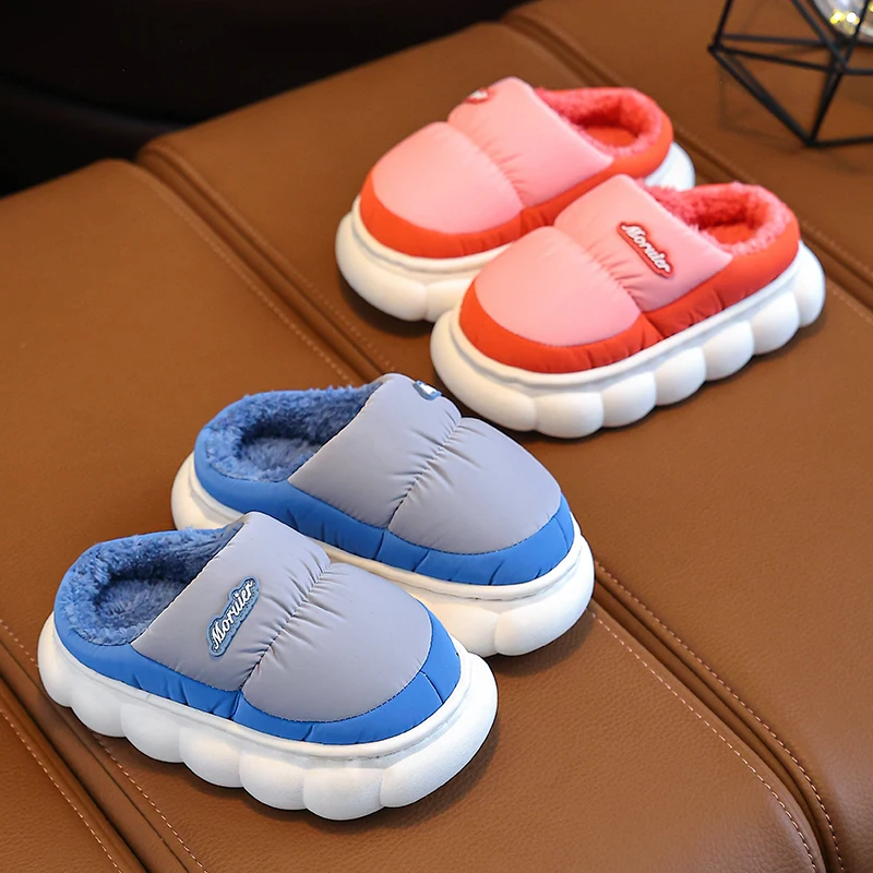 2024 New Winter Waterproof Cloth Warm Indoor Mule Soft Non-slip Fluffy Slippers For Kids Boys Girls Children Home Cotton Shoes