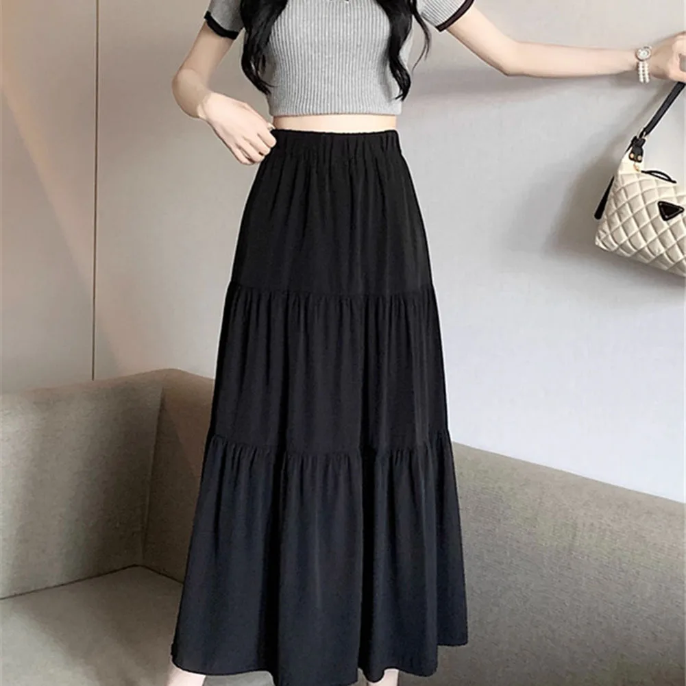 New Women Summer Spliced Pleated ​​A-Line White Skirt High Elastic Waist Mid-Length Skirt Fairy Korean Female Half Length Skirt