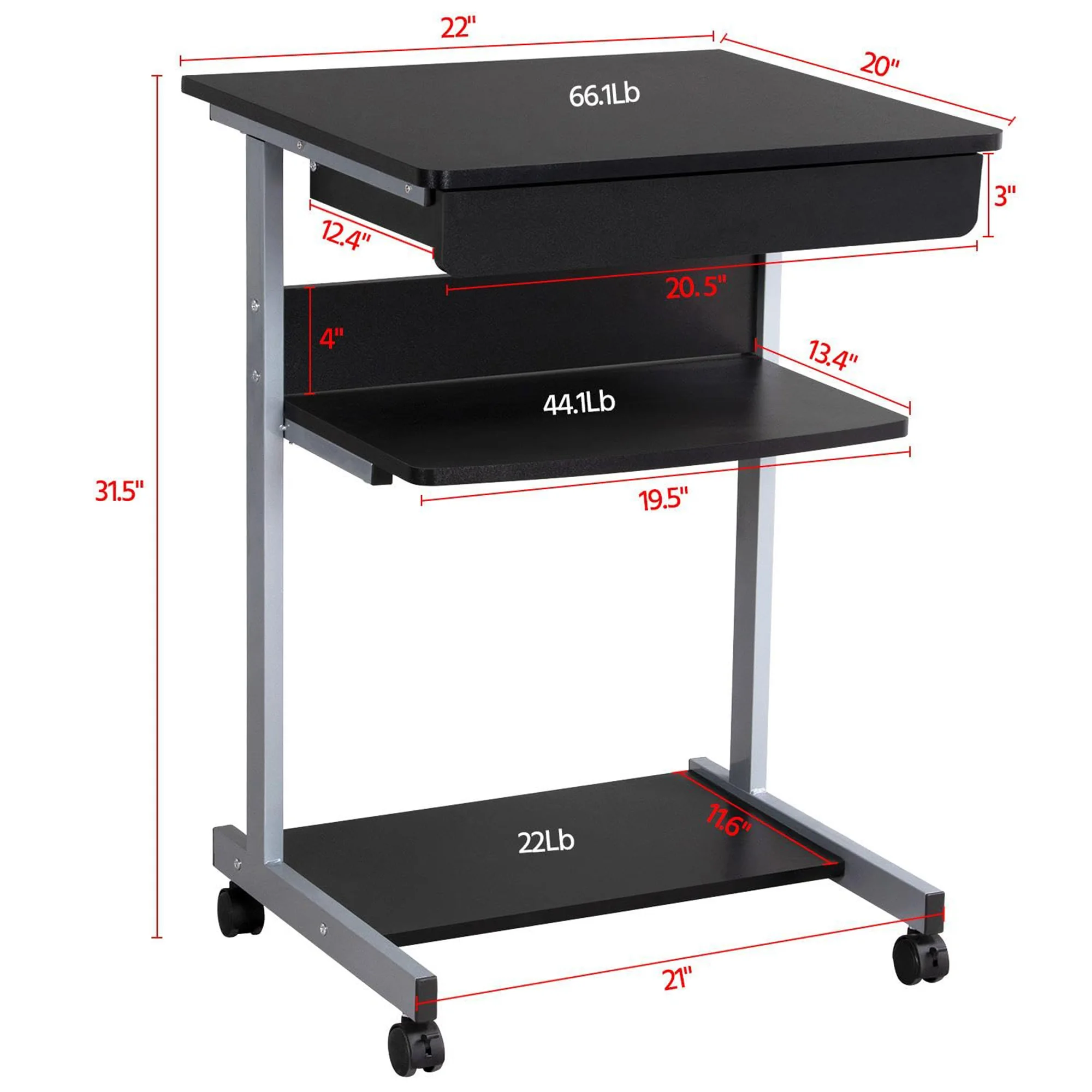 Compact Mobile Desk Cart for Small Spaces, Ideal Work Workstation for Libraries and Art Studios, Writing Desk with Drawers and Printer Shelf, black