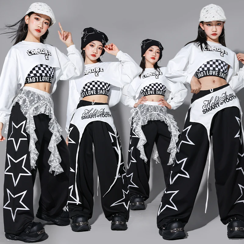 K-pop الفتيات الأسود المحاصيل تانك القمم الشارع الرقص البضائع الجينز السراويل الاطفال الهيب هوب الجاز السراويل الملابس مجموعة الأطفال الشارع الشهير ازياء