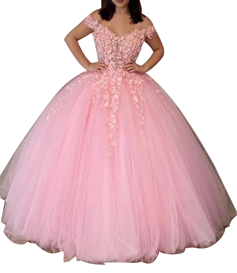 

Pink Princess Tulle Girls Sweet 15 16 Quinceanera Dresses Boat Neck Ball Gown Prom Dress Wedding Gowns With Flowers