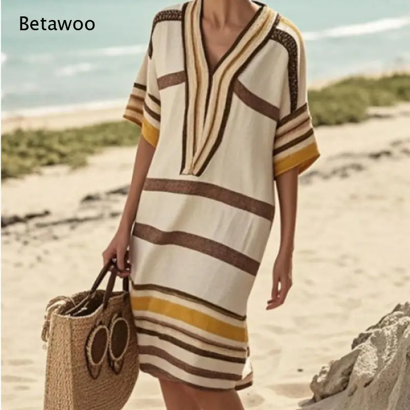 Damen Gestreiftes Kleid V-Ausschnitt Halbarm Locker Sitzendes Kleid Lässiger Strand-Überzug Entspannte Passform Urlaubs-Boho-Kleid in Mittellänge