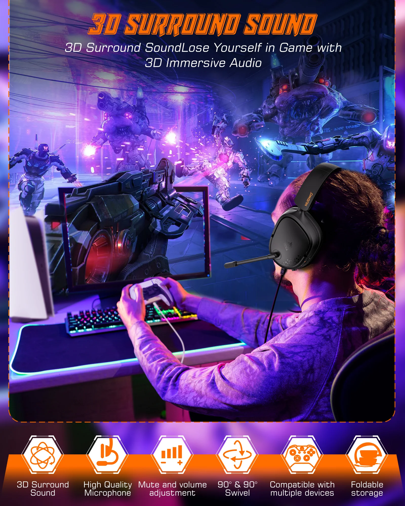 سماعة الألعاب NUBWO HG04L مع ميكروفون لجهاز PS5/PS4، Xbox Series X | S/Xbox One، مقبس سويتش 250 جرام خفيف الوزن 3.5 ملم للألعاب والعمل