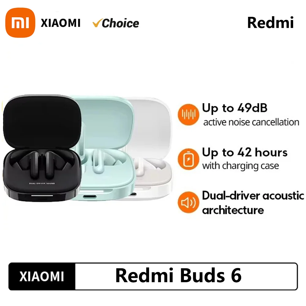 

Оригинальные 2025 НОВЫЕ наушники Xiaomi Redmi Buds 6 49 дБ с активным шумоподавлением Bluetooth 5.4, наушники с длительным сроком службы батареи до 42 часов