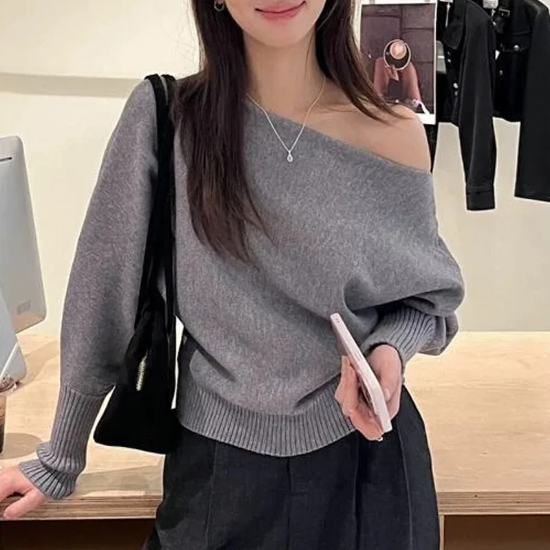 Knitted Sweater Women Pullovers New Long Sleeve Slash Neck Black Knit Sweater Pullover Women Tops Sweaters Women Clothing Q1476