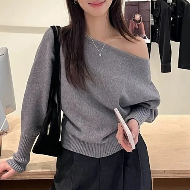 Camisola de malha feminina pullovers nova manga longa slash neck preto camisola de malha pulôver feminino topos blusas roupas femininas q1476